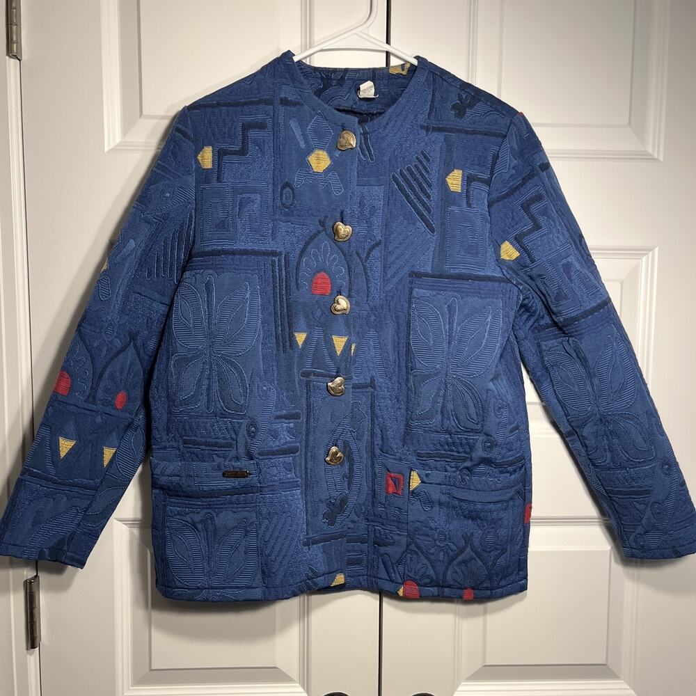 Lambrini Womens Multicolor Floral Pockets Long Sleeve Casual Jacket Sz S Blue